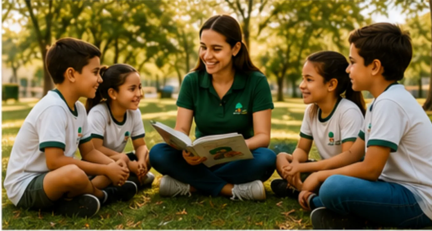 Roda de leitura com alunos e professora ao ar livre